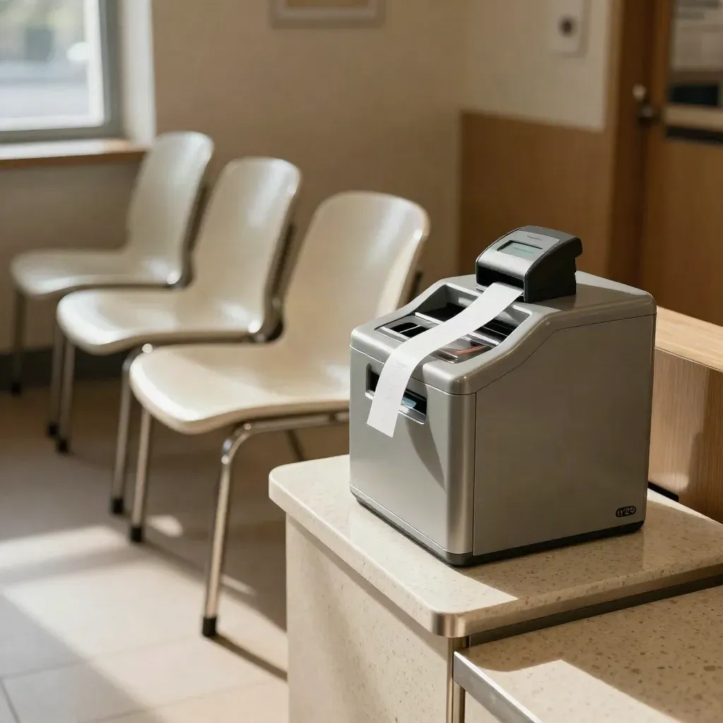 Distributore biglietti e lettore accessi accanto a sedie vuote in un foyer caldo