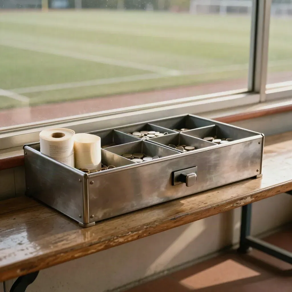 Cassetta incassi da torneo con rotoli di ricevute, gettoni e divisori su banco laterale, campo sfocato.
