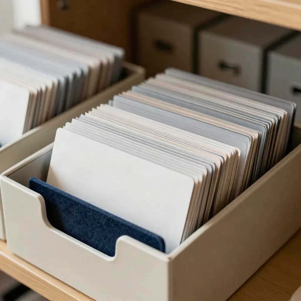 Archivio ordinato di tessere annuali in scatola neutra con divisori e vassoio laterale.